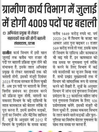 Bihar Gramin Karya Vibhag Bharti 2024 | बिहार ग्रामीण कार्य विभाग नई भर्ती 4009 पद|